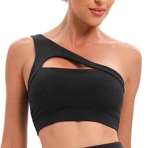 Plus Size XL Pad One Shoulder Women Sports Bra Unique Hollow Nylon Breathable Fitness Running Gym Clothes Yoga Bras