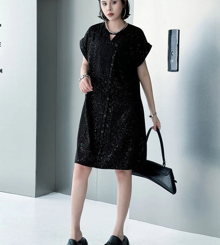 Black Sequins Dress Mesh Skirt Two Pieces Suit New Round Neck Short Sleeve Women Fashion Tide Spring Summer 2025 1DJ1153