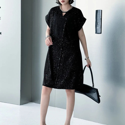 Load image into Gallery viewer, Black Sequins Dress Mesh Skirt Two Pieces Suit New Round Neck Short Sleeve Women Fashion Tide Spring Summer 2025 1DJ1153
