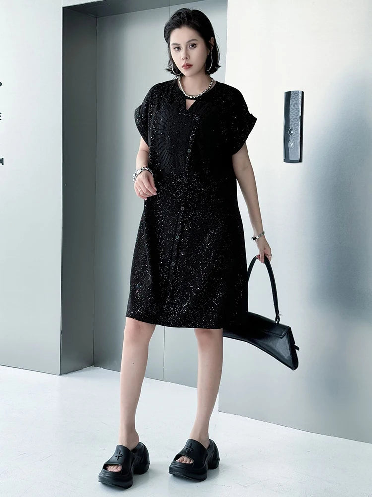 Black Sequins Dress Mesh Skirt Two Pieces Suit New Round Neck Short Sleeve Women Fashion Tide Spring Summer 2025 1DJ1153