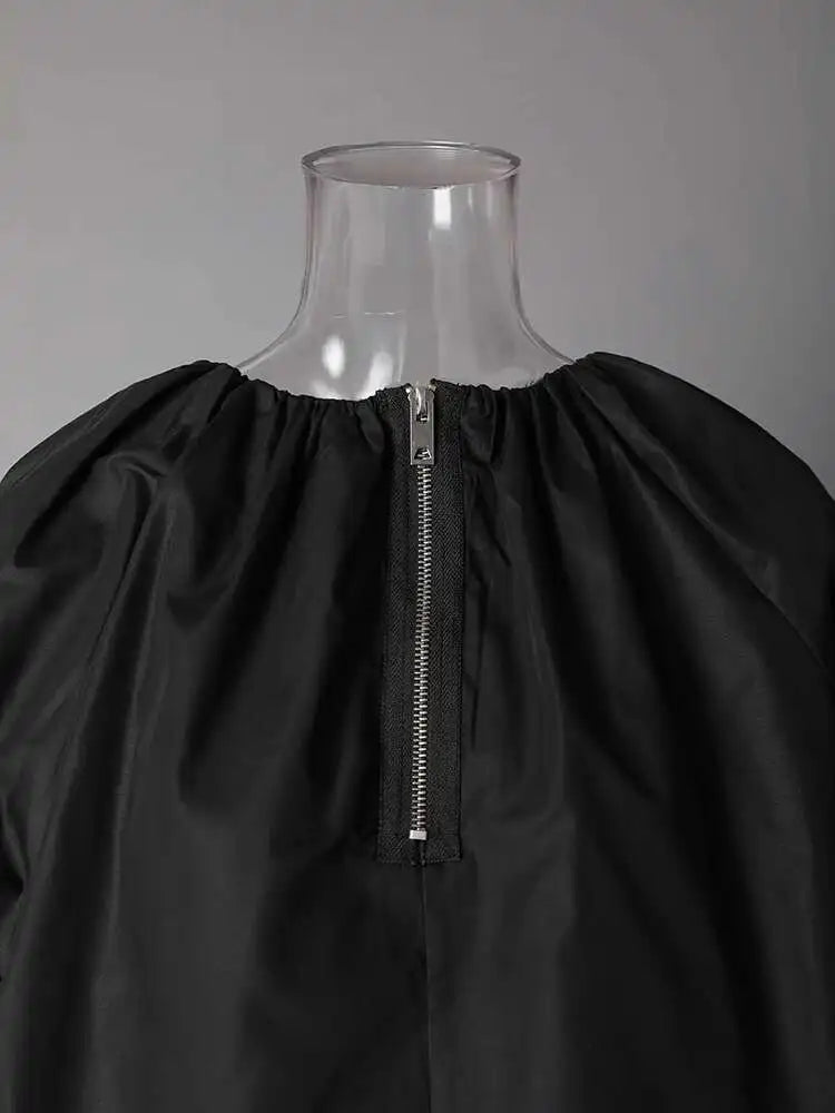 Women Black Drawstring Big Size Short Blouse New Round Neck Lantern Sleeve Shirt Fashion Tide Spring Autumn 2025 CPG2612