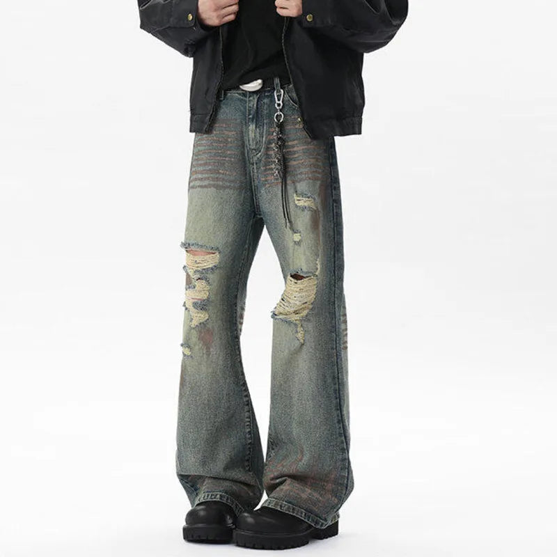 Hole Worn-out Male Jeans New Spring Splashing Ink Sparkling American Hign Street Distressed Men's Denim Pants 9W1529