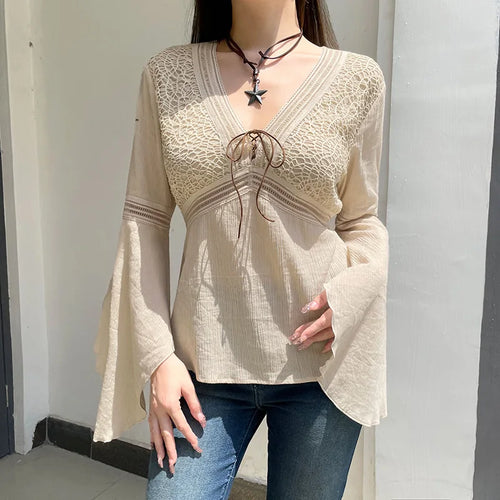Load image into Gallery viewer, Chic V Neck Fishnet Spliced Flare Sleeve Women Shirts Lace Up Fashion Fairycore Autumn Blouse Boho Pullover Vacation
