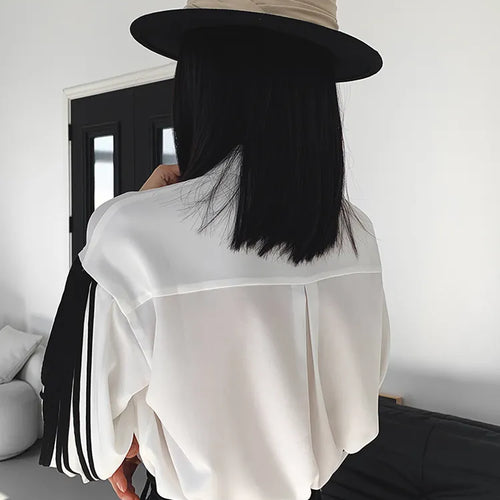 Load image into Gallery viewer, Straight Patchwork Shirt For Women Lapel Lantern Sleeve Colorblock Loose Blouses Female Clothing Style Fashion
