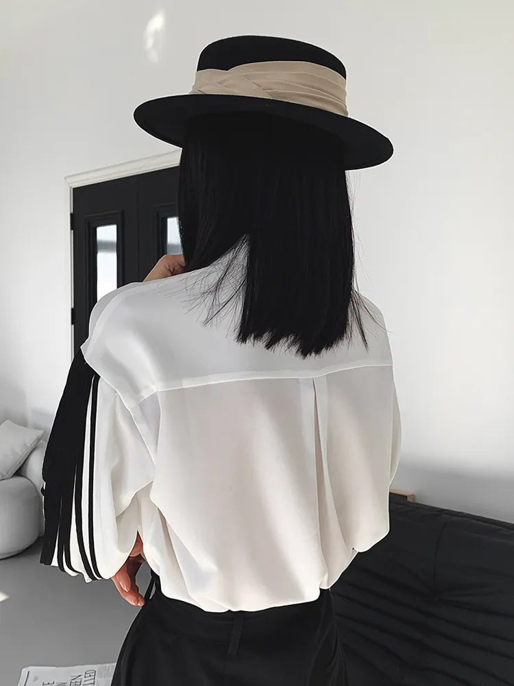 Straight Patchwork Shirt For Women Lapel Lantern Sleeve Colorblock Loose Blouses Female Clothing Style Fashion