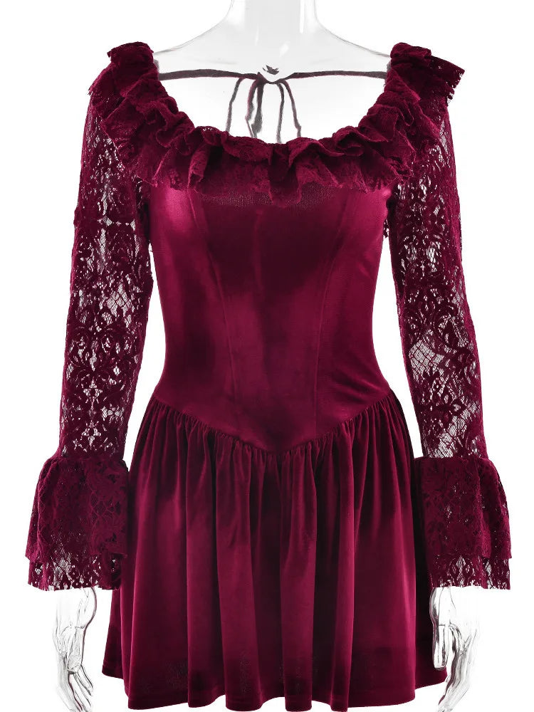 Elegant Long Sleeve Lace Patchwork Tight Dress Women Sexy Trumpet Sleeves Slim Skirt Autumn/Winter New 2025 Vestido