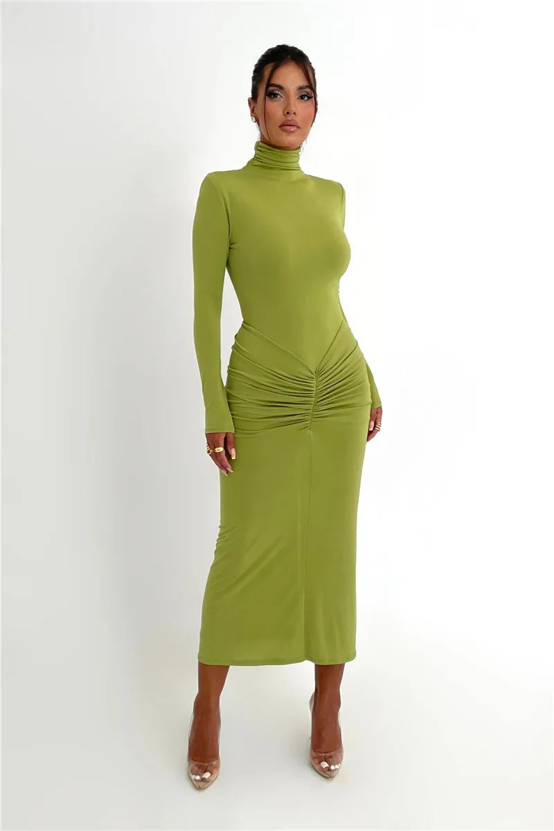 Elegant Turtleneck Long Sleeve Bodycon Maxi Dress Women Autumn Winter New Ruched Club Party Sexy Dress Vestidos