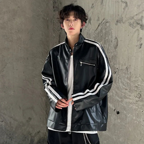 Load image into Gallery viewer, Niche Design Stand Collar Men&#39;s PU Leather Jacket Stripe Contrast Color Pockets Casual Male Jackets 2024 Autumn 9C9025
