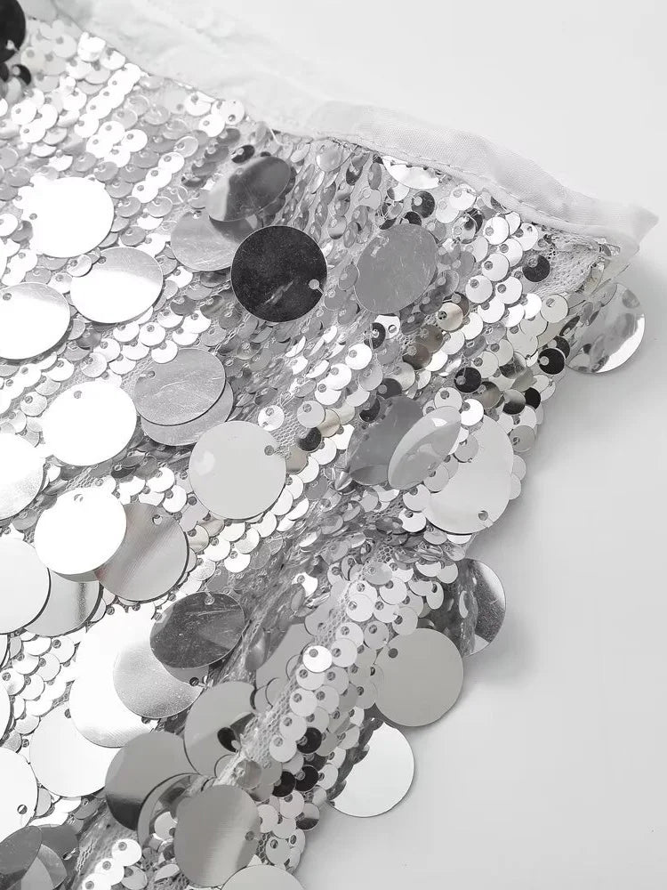 Women Fashion With Sequined Solid Side Zipper Mini Skirt Vintage High Waist Female Chic Lady Skirts