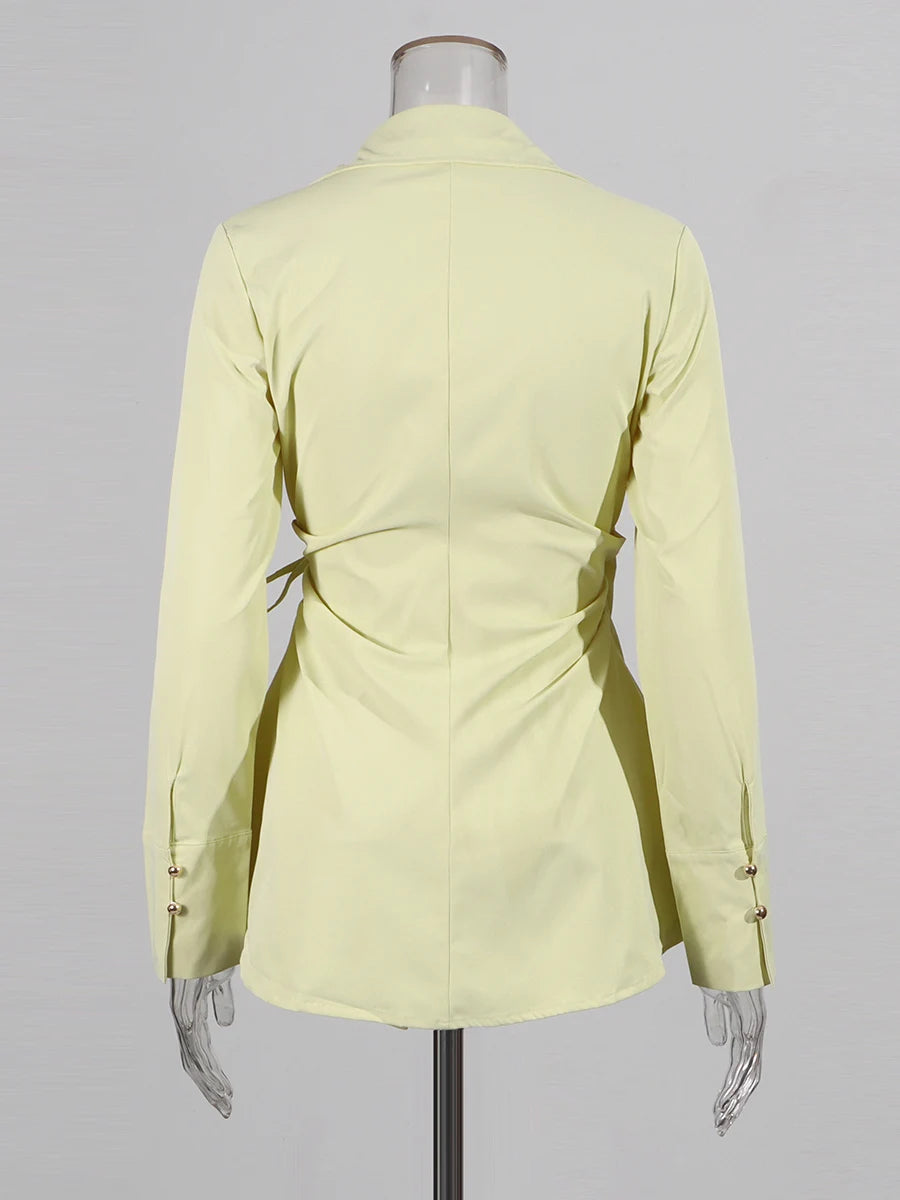 Slimming Spliced Lace Up Fashion Blouses for Women Lapel Long Sleeves Patchwork Buttons Blouse Female Clothing New