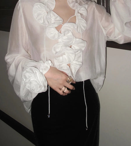 Solid Loose Spliced Fungus Folds Minimalist Blouses for Women V Neck Long Sleeves Fashion Blouse Female Clothes New