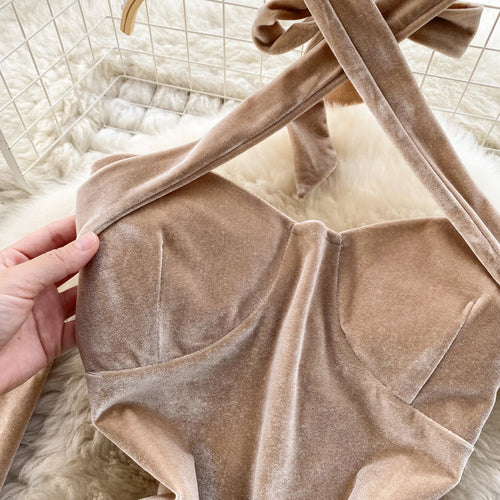 Load image into Gallery viewer, Korean Version Khaki Hanging Neck Sexy Club Slim Velvet Mini Dress Off Shoulder Backless Short Dress Spring Summer With Sleeves
