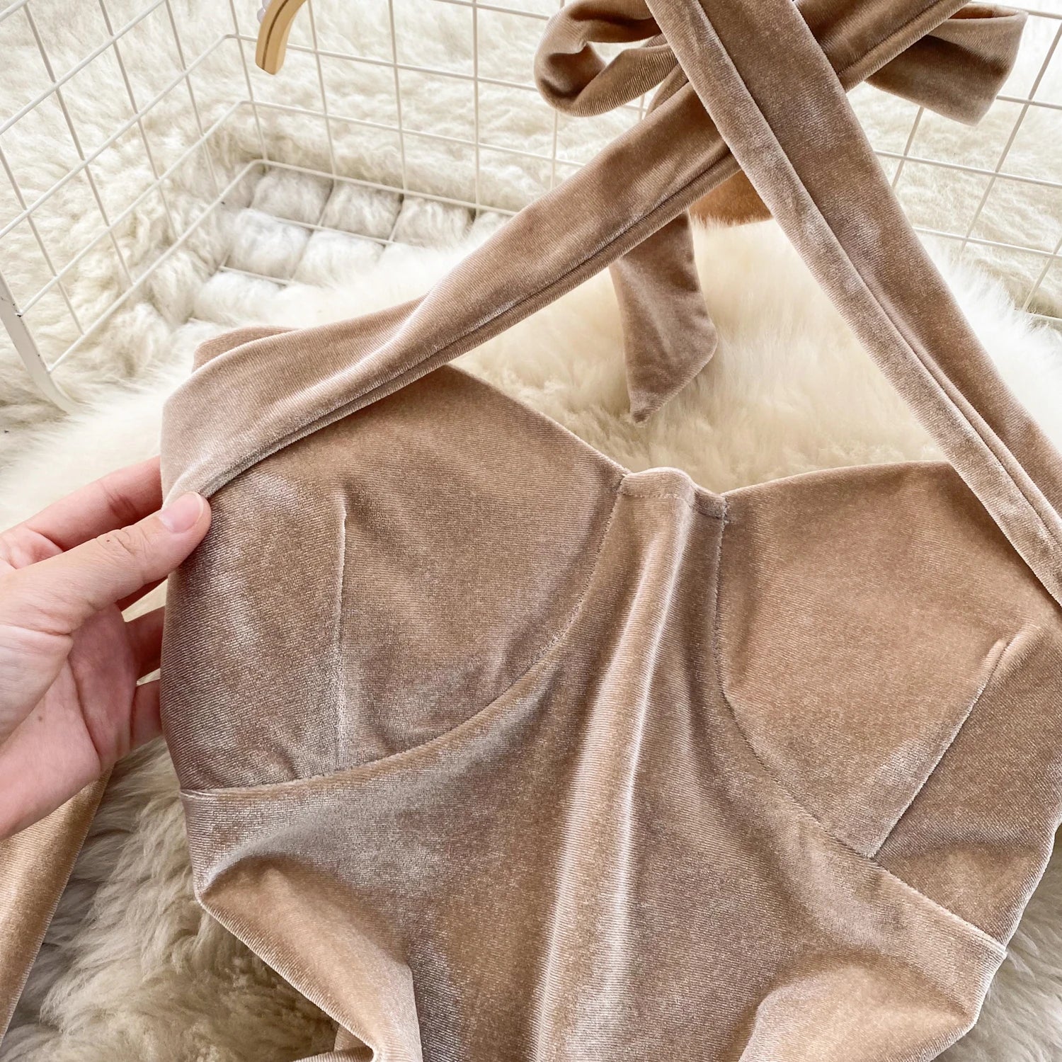 Korean Version Khaki Hanging Neck Sexy Club Slim Velvet Mini Dress Off Shoulder Backless Short Dress Spring Summer With Sleeves