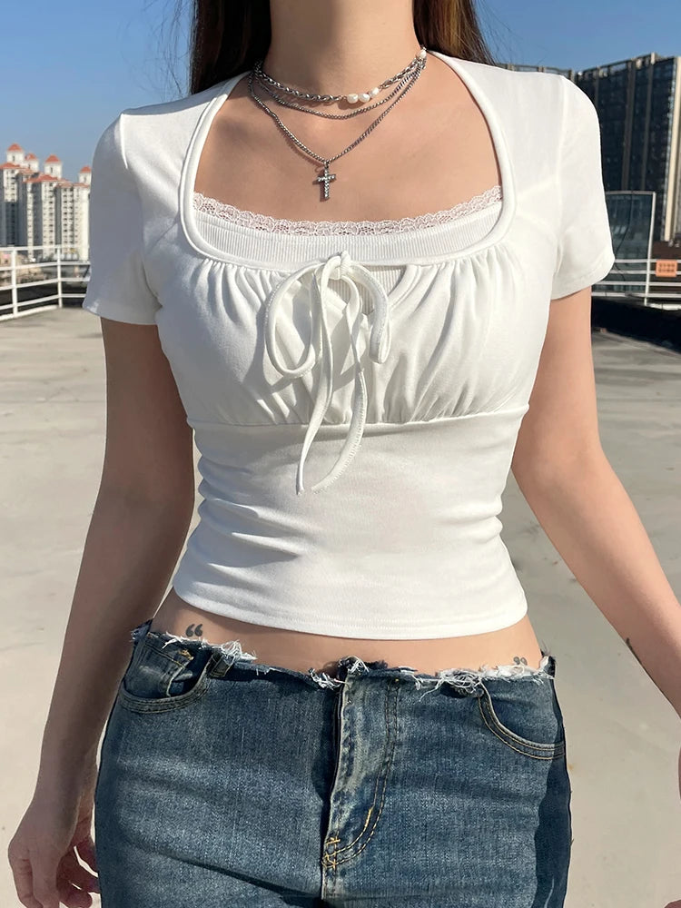 Casual White Knitted Lac Patched Female T-shirts Y2K Korean Style Slim Tie Up Shirring Summer Top Tee Folds Outfits