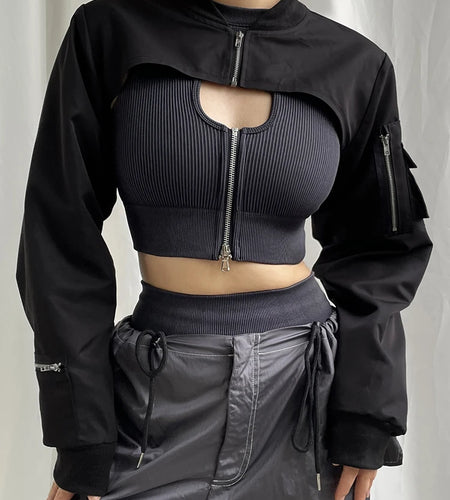 Streetwear Cargo Style Black Spring Autumn Jacket Women Smock Zip Up Coat Super Short Pockets Hip Hop Outwear Jackets