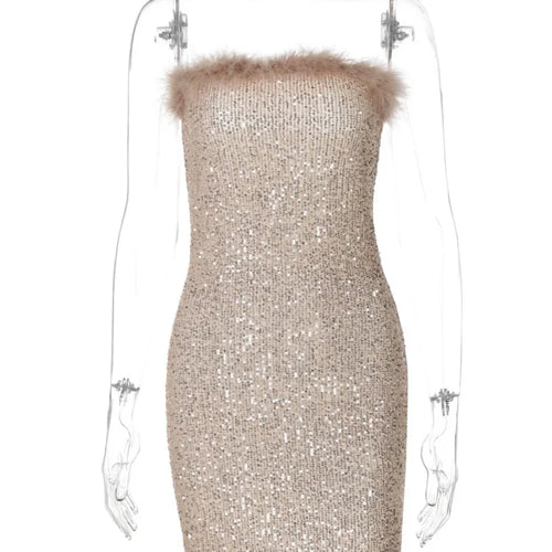 Load image into Gallery viewer, Sequins Off-shoulder Sexy Mini Dress For Women Fashion Strapless Feather Backless Bodycon Club Party Sparkle Dress
