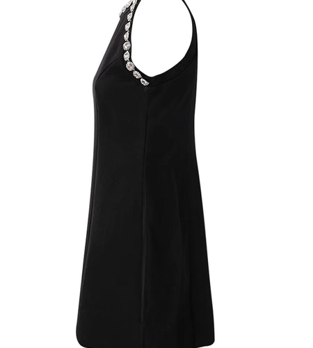 Women Black Rhinestones Spliced Elegant Slim Vest Dress New Round Neck Sleeveless Fashion Tide Spring Summer 2025 CPG2981