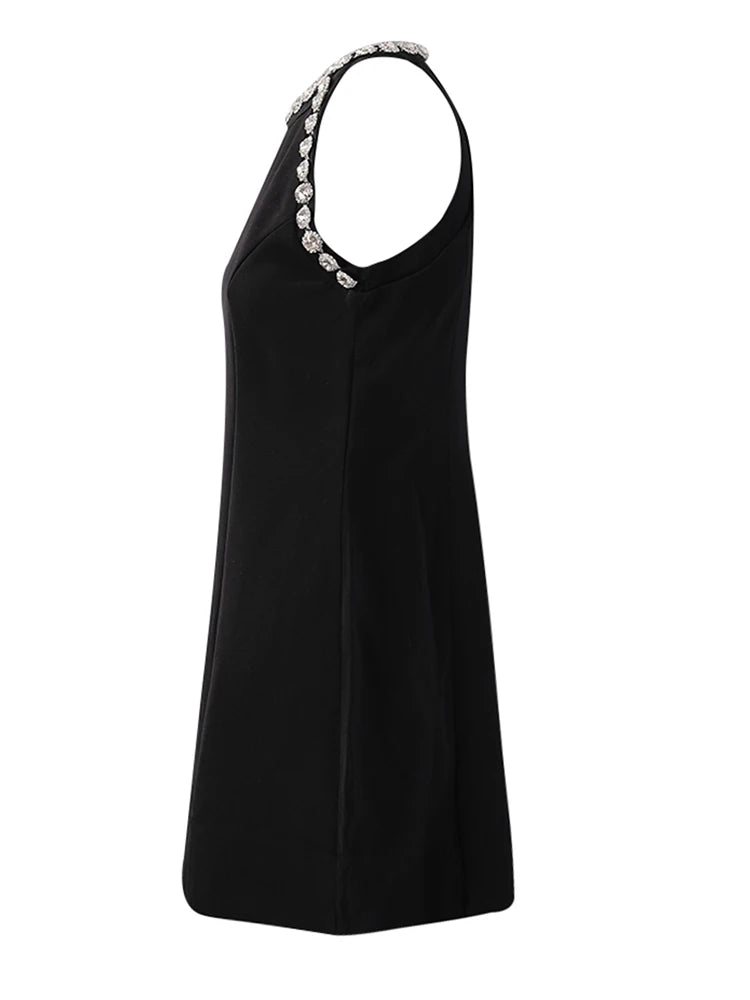 Women Black Rhinestones Spliced Elegant Slim Vest Dress New Round Neck Sleeveless Fashion Tide Spring Summer 2025 CPG2981