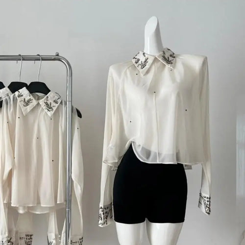 Load image into Gallery viewer, Autumn Beige Elegant Diamonds Shirt Women Clothing Vintage Fashion Long Sleeve Tops French Loose Casual Temperament Short Blouse
