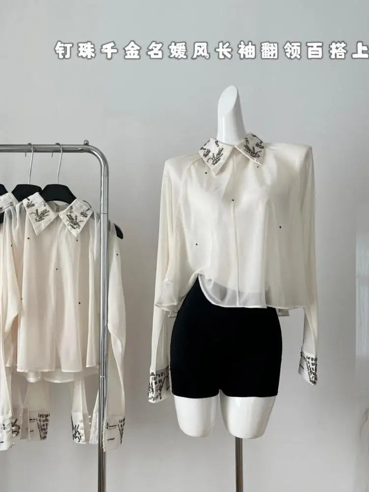 Autumn Beige Elegant Diamonds Shirt Women Clothing Vintage Fashion Long Sleeve Tops French Loose Casual Temperament Short Blouse