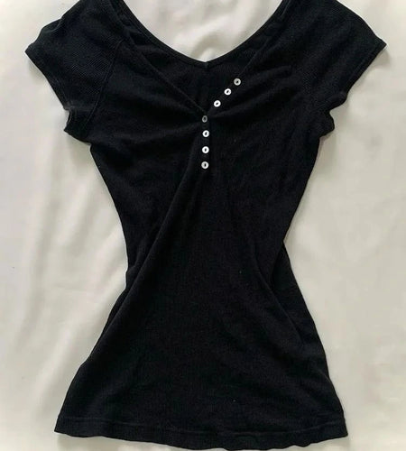 Y2k Aesthetic Fashion Button T-shirt Grunge Solid Short Sleeve Tshirts Kpop Streetwer Chic Designer Clothes Sexy Slim Tee Shirt