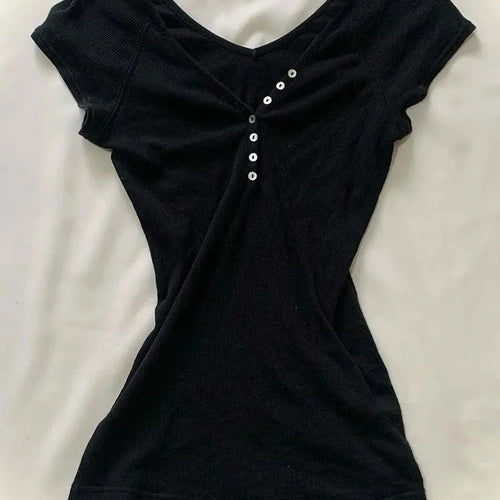 Load image into Gallery viewer, Y2k Aesthetic Fashion Button T-shirt Grunge Solid Short Sleeve Tshirts Kpop Streetwer Chic Designer Clothes Sexy Slim Tee Shirt
