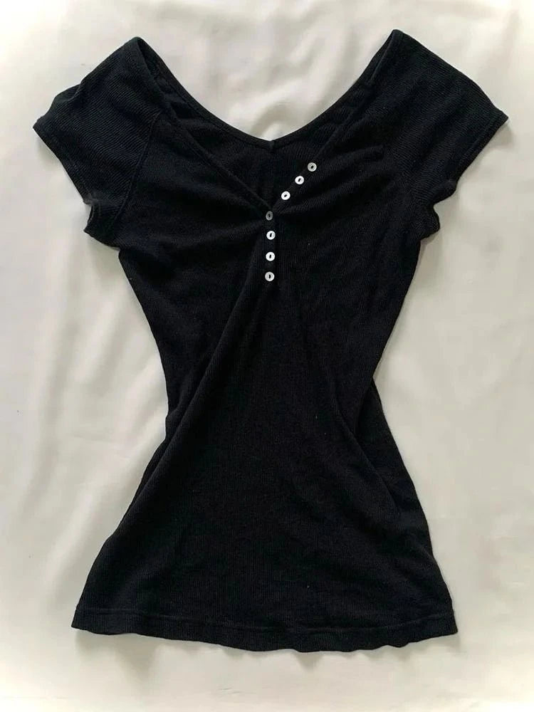 Y2k Aesthetic Fashion Button T-shirt Grunge Solid Short Sleeve Tshirts Kpop Streetwer Chic Designer Clothes Sexy Slim Tee Shirt