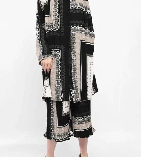 Big Size Printed Pleated Shirt Pants Two Piece Suit New Round Neck Long Sleeve Women Fashion Spring Autumn 2025 3AJ915