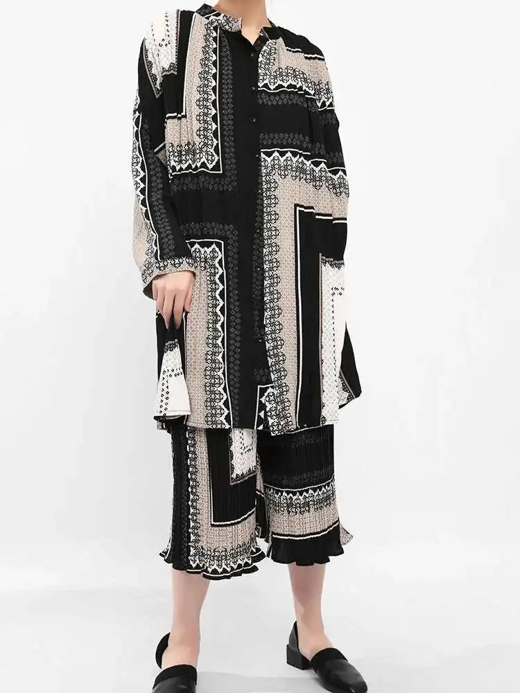 Big Size Printed Pleated Shirt Pants Two Piece Suit New Round Neck Long Sleeve Women Fashion Spring Autumn 2025 3AJ915