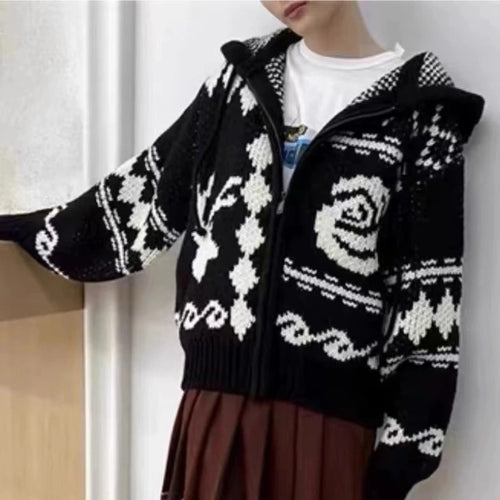 Load image into Gallery viewer, Harajuku Knitted Hooded Cardigan Women Y2k Aesthetic Zippers Casual Loose Sweater 2025 Autumn Grunge Vintage Drawstring Tops
