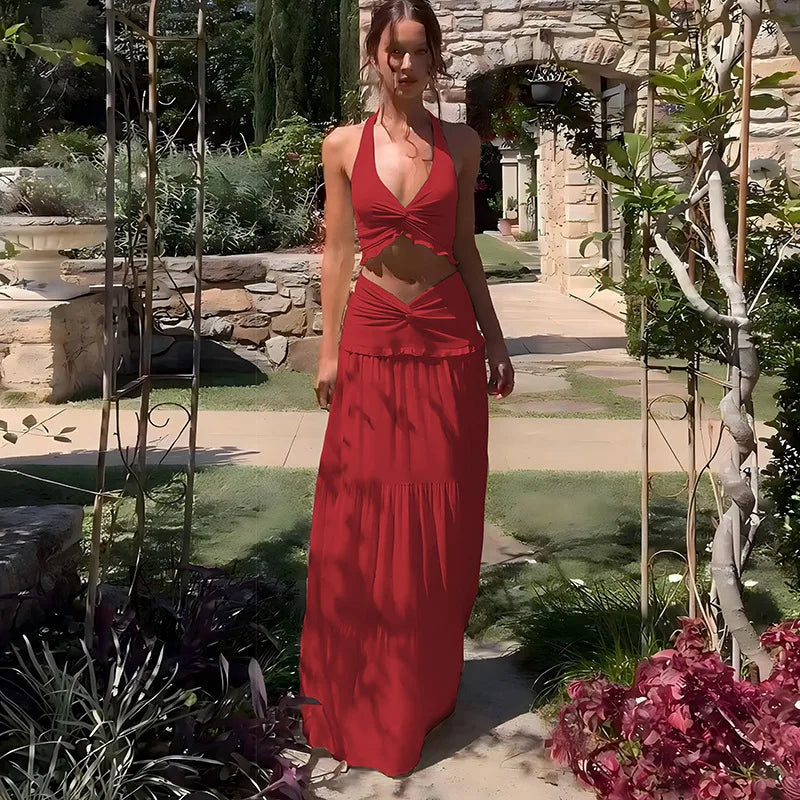 Sexy Sleeveless Skirt Two Pieces Sets For Women V-neck Hollow Out Crop Tops And Long Skirt Patchwork Two Pieces Sets