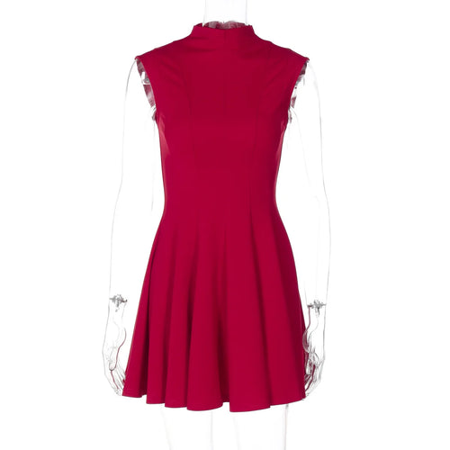 Load image into Gallery viewer, Half High Collar Sleeveless Sexy Mini Dress For Women Fashion Solid Red High Waist A-line Club Pleated Sexy Dress
