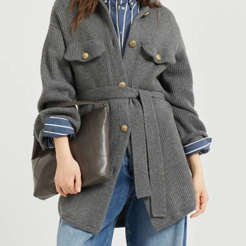 Load image into Gallery viewer, Loose Spliced Buttons Knit Jackets for Women Lapel Long Sleeves Patchwork Lace Up Casual Jacket Female Clothing New
