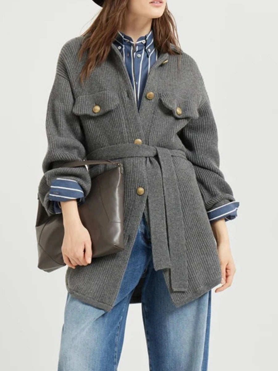 Loose Spliced Buttons Knit Jackets for Women Lapel Long Sleeves Patchwork Lace Up Casual Jacket Female Clothing New