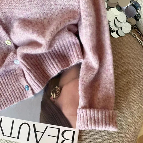 Load image into Gallery viewer, Simple 2024 Autumn Winter Women's New Pink Round Neck Cardigan Sweater French Single Breasted Long Sleeve Fashion Versatile Tops
