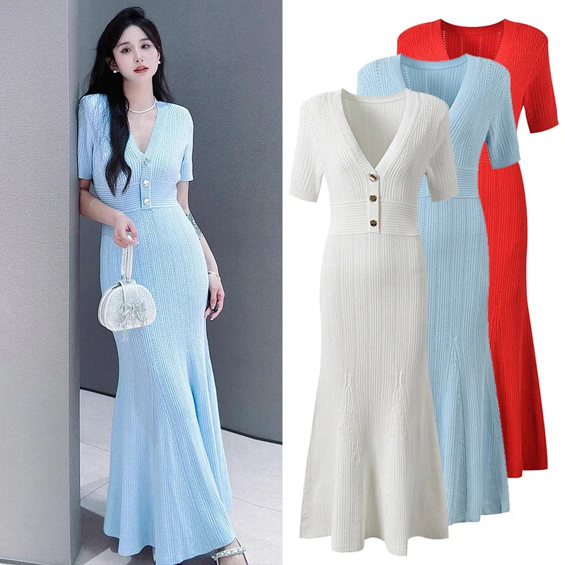 Fashion Women Solid V Neck Single Breasted Hollowed Out Knitted Dress Spring Summer Short Sleeves Festival Fishtail Long Dresses