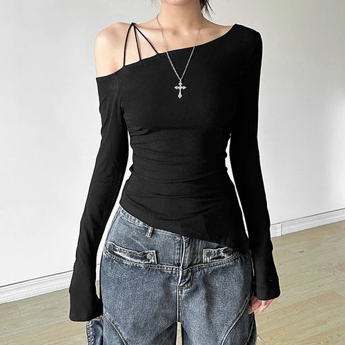Load image into Gallery viewer, y2k Cold Shoulder Top Women Clothes Solid Color Slant Neck Long Sleeve Asymmetric Hem T Shirts 2000s Gothic Clothing
