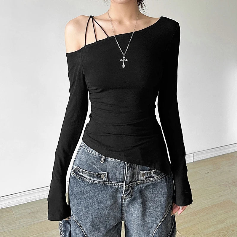 y2k Cold Shoulder Top Women Clothes Solid Color Slant Neck Long Sleeve Asymmetric Hem T Shirts 2000s Gothic Clothing
