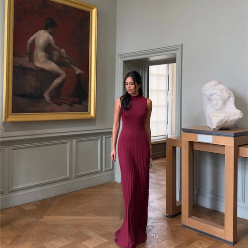 Load image into Gallery viewer, Half High Collar Sleeveless Knit Maxi Dress For Women Fashion Solid Bodycon Sexy Pleated Long Knitted Sweater Dress
