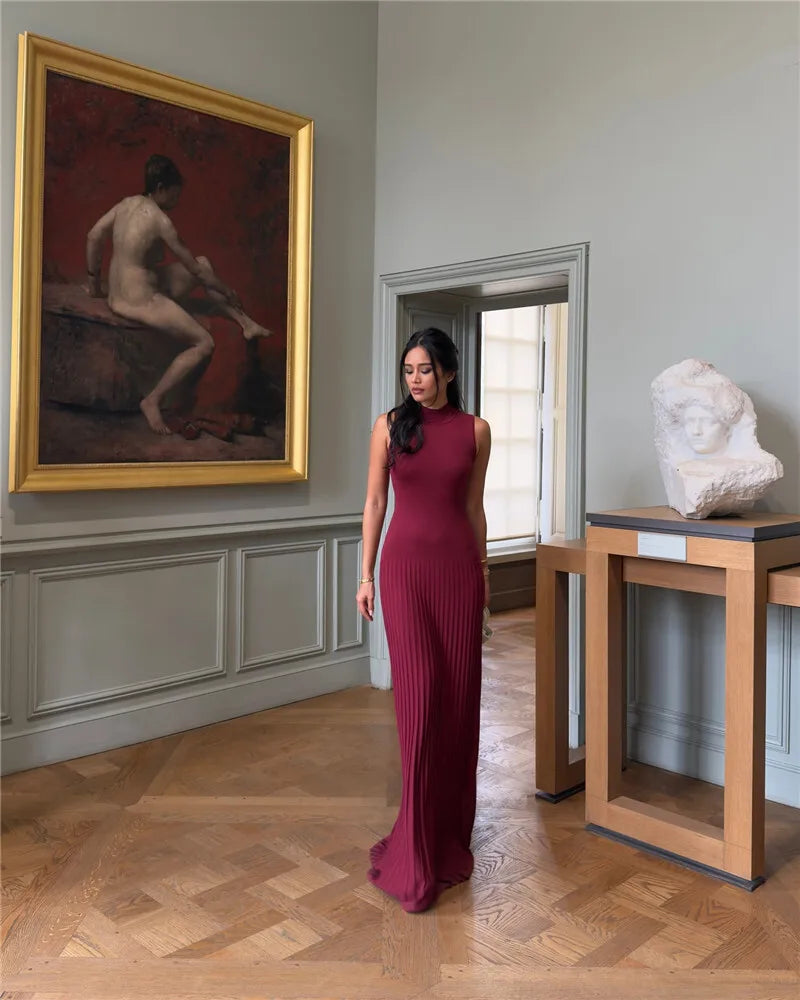 Half High Collar Sleeveless Knit Maxi Dress For Women Fashion Solid Bodycon Sexy Pleated Long Knitted Sweater Dress