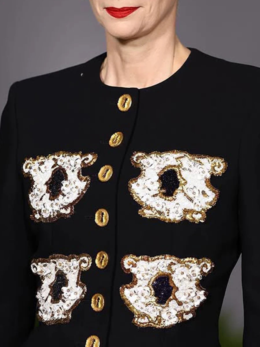 Personality Pattern Patchwork Long Coat Round Neck Long Sleeve Hit Color Elegnat Jacket Female Fashion