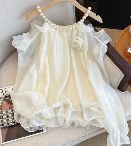 Spring Women White Flower Decorate Versatile Long Sleeve Pearls O Neck Blouse Simple Beige Off Shoulder Ruffles Shirt Clothes