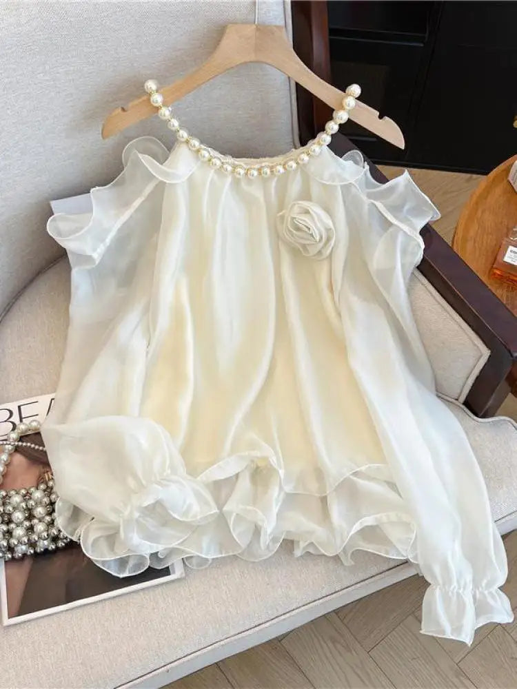 Spring Women White Flower Decorate Versatile Long Sleeve Pearls O Neck Blouse Simple Beige Off Shoulder Ruffles Shirt Clothes