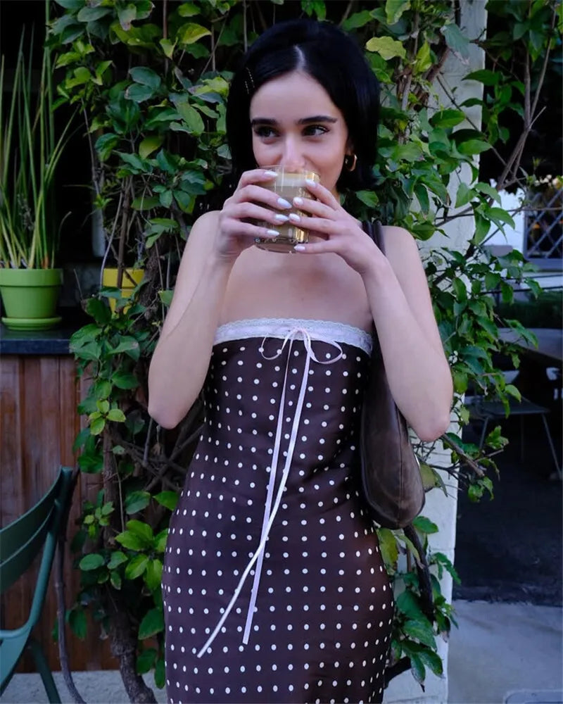 Lace Strapless Backless Sexy Midi Dress For Women Fashion Off-shoulder Sleeveless Bodycon Polka Dot Dress Elegant