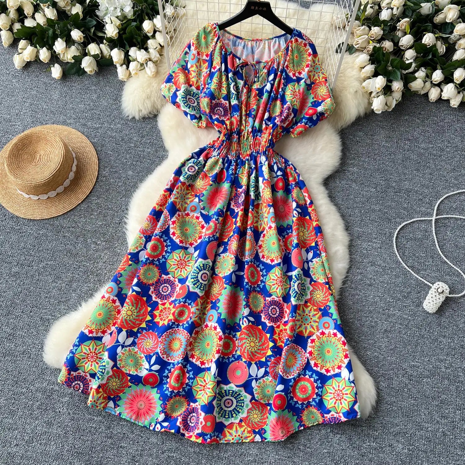 French Retro Women Print Vacation Long Dress 2024 Summer High Waist Round Neck Short Sleeved Lace-up Pleated Dress Bohemian Chic