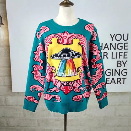 Load image into Gallery viewer, Women Vintage Warm Thicken Sweaters UFO Clouds Jacquard Pullovers Winter Autumn Knitted Retro Loose Tops Blusas C-012
