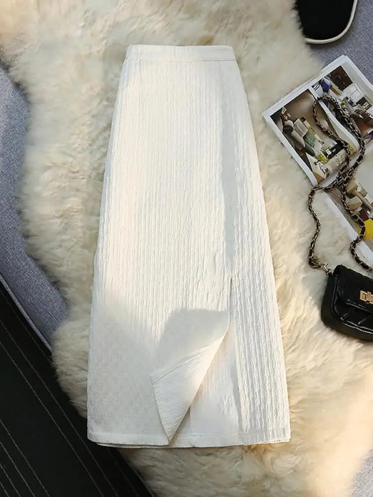 Women New Black White High Waist Wrapped Hip Zipper Long Skirt Spring Summer Pink Elegant Party Pencil Split Skirt Vintage Trend