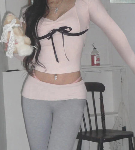 Korean Pink Sweet Fold Women T-shirts Slim Cropped Top Stitch Front Tie-Up Bow Autumn Tee Kawaii Coquette Clothes
