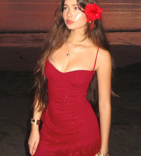 Spaghetti Strap Ruffled Sexy Mini Dress For Women Red Fashion Sleeveless Backless High Waist A-line Club Party Dress