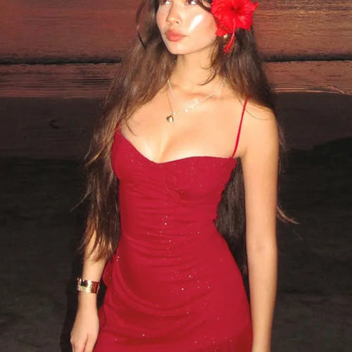 Load image into Gallery viewer, Spaghetti Strap Ruffled Sexy Mini Dress For Women Red Fashion Sleeveless Backless High Waist A-line Club Party Dress
